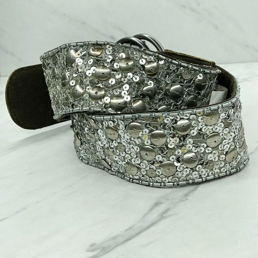 Old Navy Wide Sequin D-Ring Belt Genuine Leather Trim Small (S) ✨
